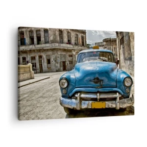 Obraz na plátně - Staré modré auto na ulici v retro stylu - 70x50cm - Staré je krásné - Moderní nástěnná dekorace do obývacího pokoje a ložnice ARTTOR