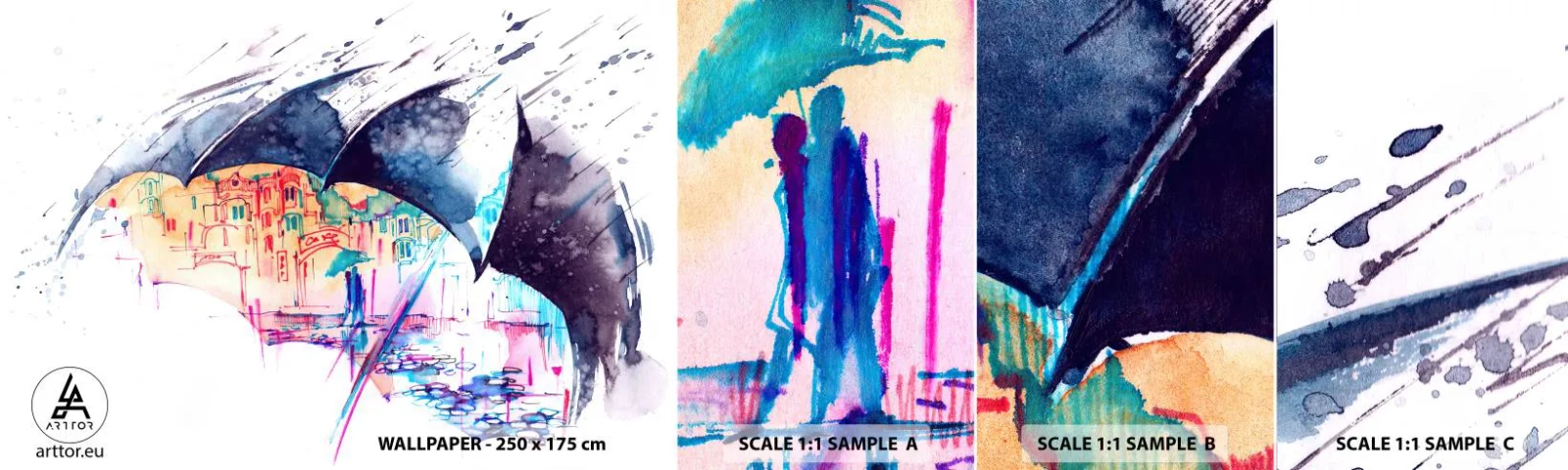 Fototapeta Vzorek Standard Eco - Procházka v dešti - Abstrakce, Deštník, Architektura - 100x30 cm