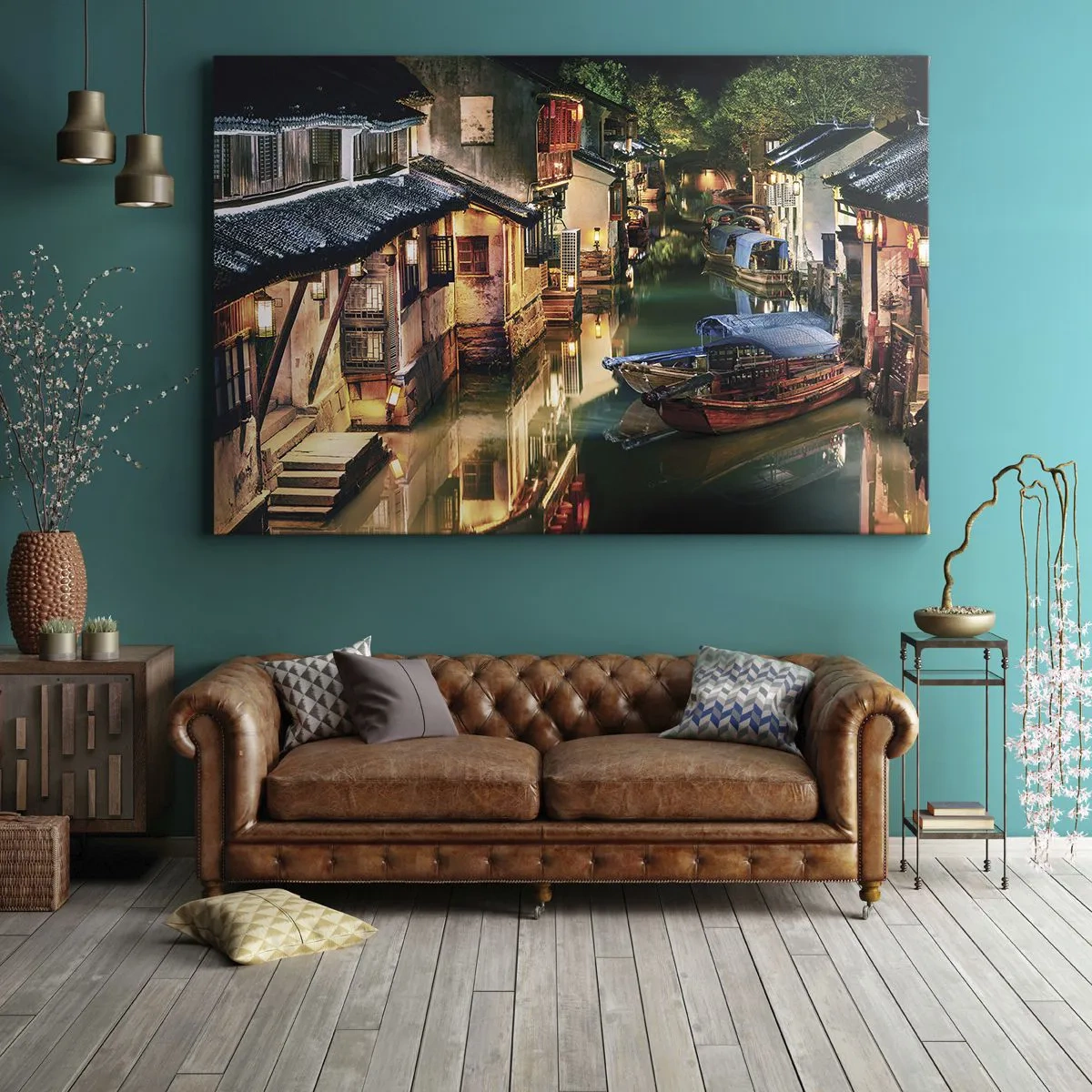 Obraz na plátně - Noční pohled na kanály s tradičními loděmi a domy - 70x50cm - Večer na čínské ulici - Moderní nástěnná dekorace do obývacího pokoje a ložnice ARTTOR