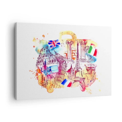 Obraz na plátně - Akvarel evropských symbolů s vlajkami zemí - 70x50cm - Evropské turné - Moderní nástěnná dekorace do obývacího pokoje a ložnice ARTTOR