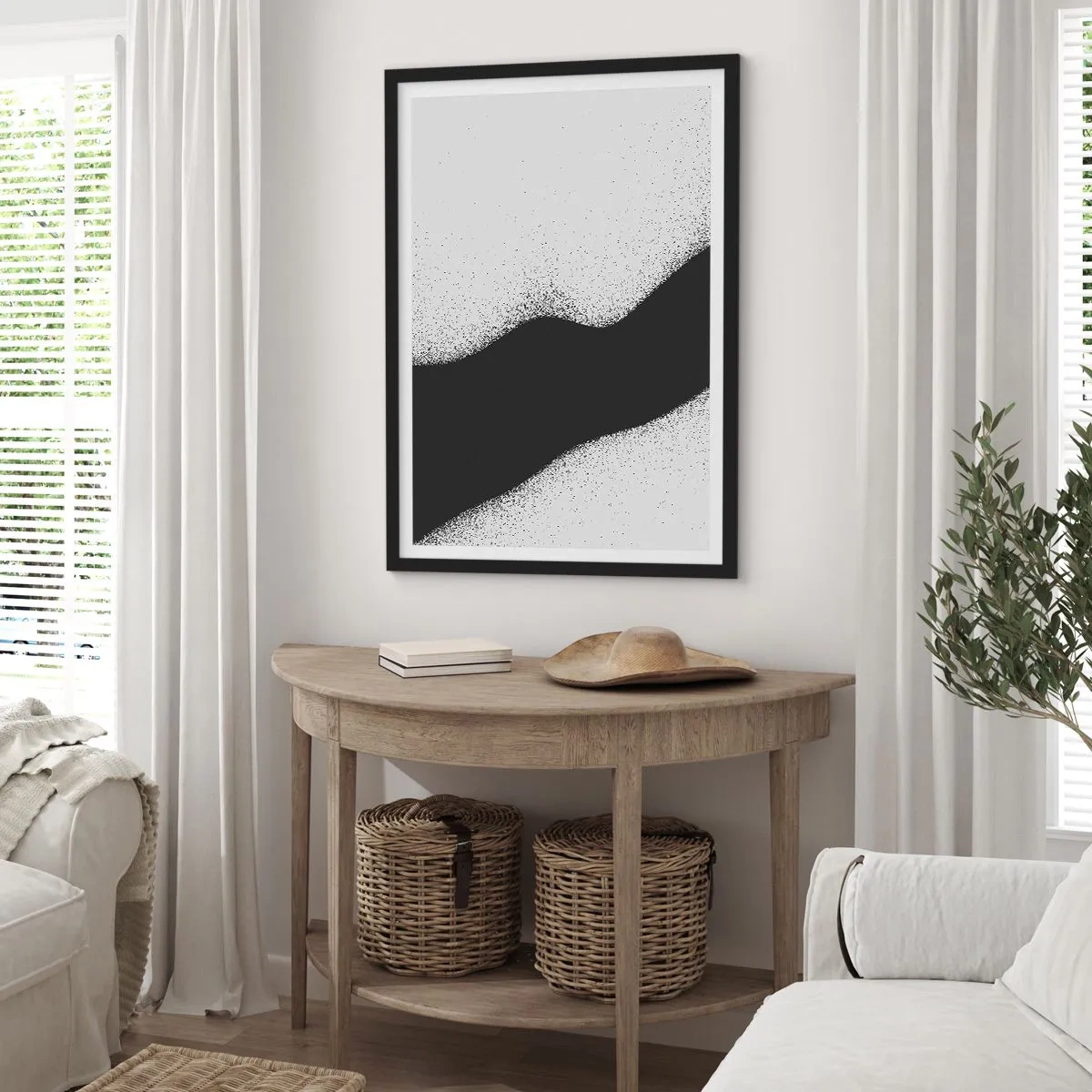 Plakát v černém rámu - Minimalistický tvar vlny v černé a šedé barvě se zrnitým efektem - 50x70cm - Plynulá rovnováha - Moderní nástěnná dekorace do obývacího pokoje a ložnice ARTTOR