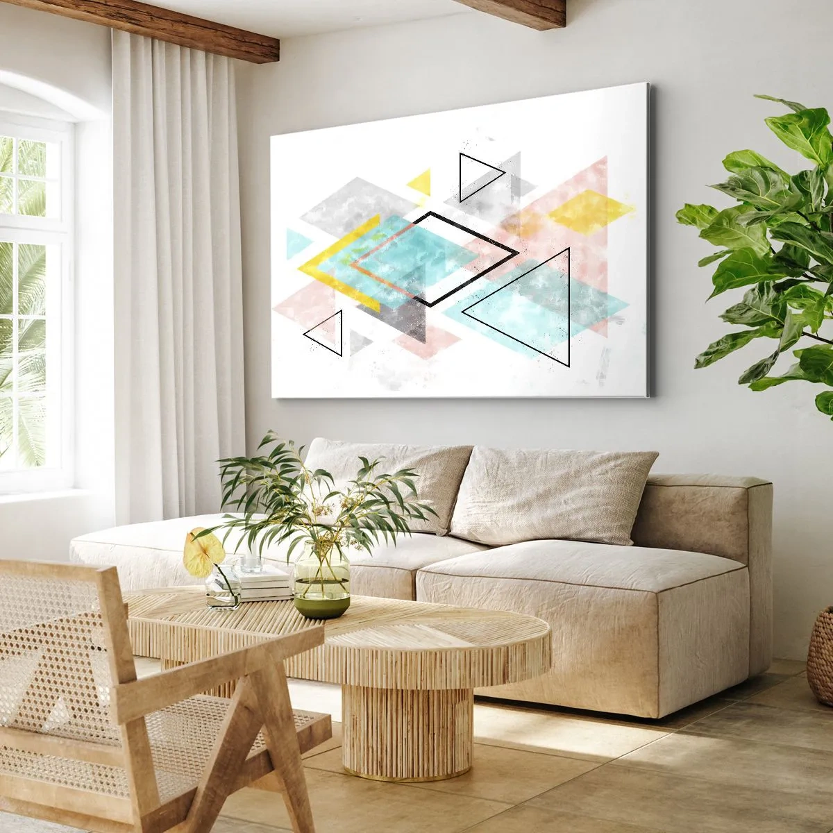 Obraz na plátně - Barevné geometrické vzory na bílém pozadí - 70x50cm - Geometrická zábava - Moderní nástěnná dekorace do obývacího pokoje a ložnice ARTTOR