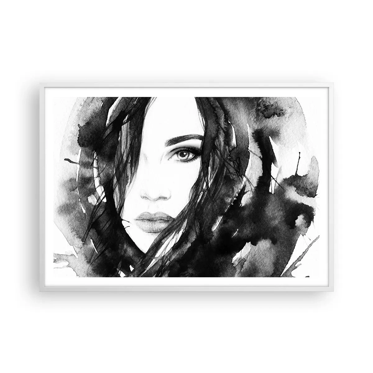 Plakát v bílém rámu - Portrét dámy v černé a bílé - 100x70 cm