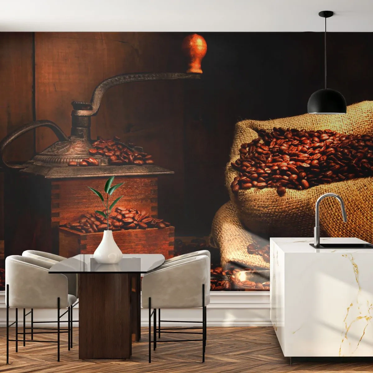 Fototapeta Standard Eco - Zátiší se zrnky kávy a mlýnkem - Gastronomie, Káva, Mlýnek na kávu - 250x175 cm