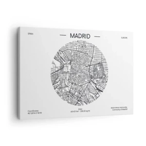 Obraz na plátně - Mapa Madridu v minimalistickém černobílém stylu - 70x50cm - Anatomie Madridu - Moderní nástěnná dekorace do obývacího pokoje a ložnice ARTTOR