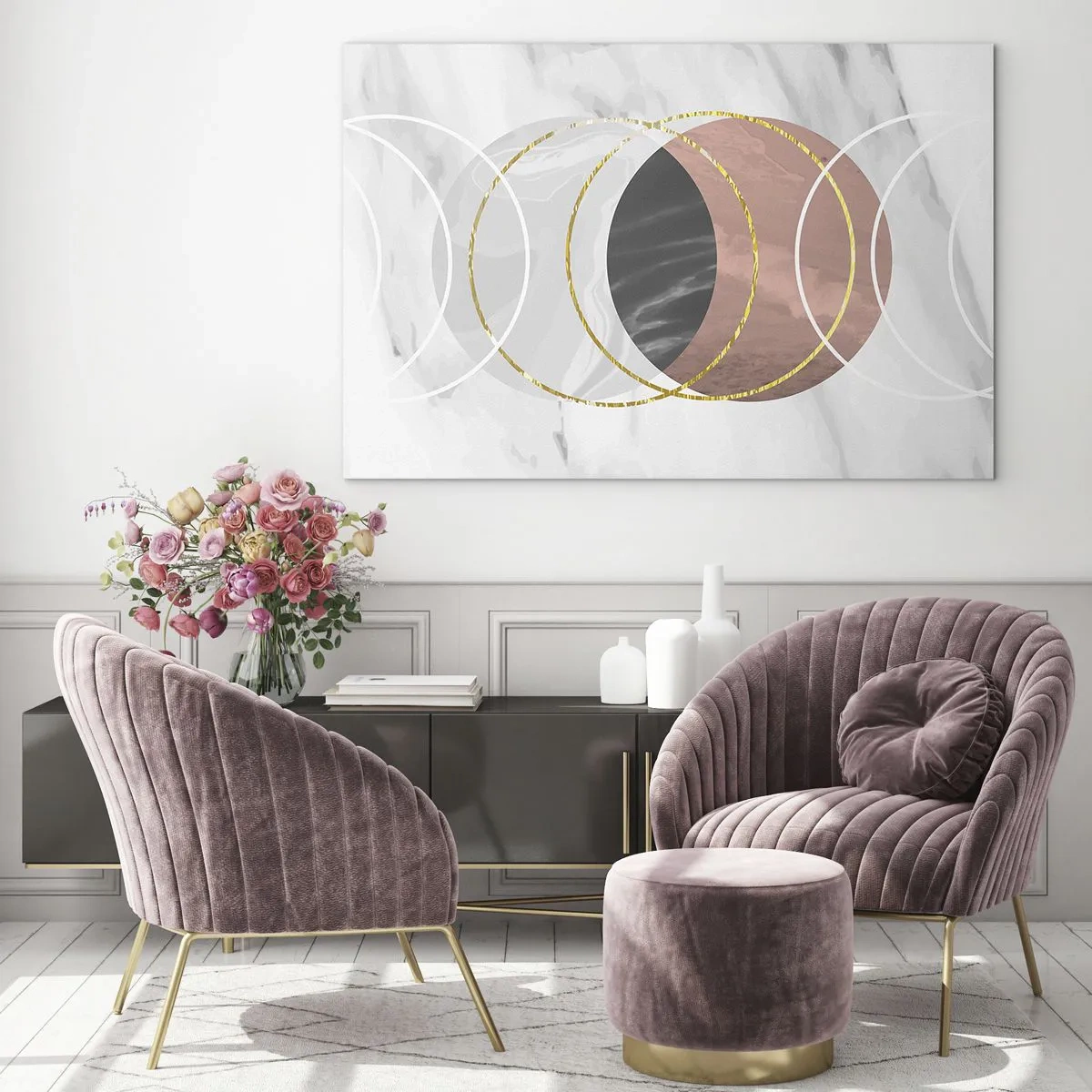 Obraz na skle - Geometrické kruhy v odstínech mědi, zlata a mramoru - 70x50cm - Hudba sfér - Moderní nástěnná dekorace do obývacího pokoje a ložnice ARTTOR