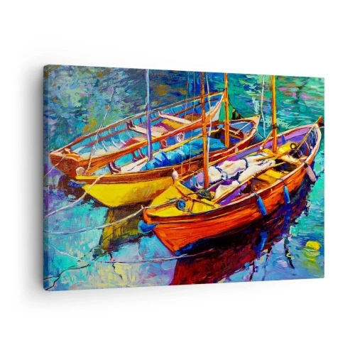 Obraz na plátně - Barevné lodě na klidné vodě - 70x50cm - Na vodě husté od barev - Moderní nástěnná dekorace do obývacího pokoje a ložnice ARTTOR