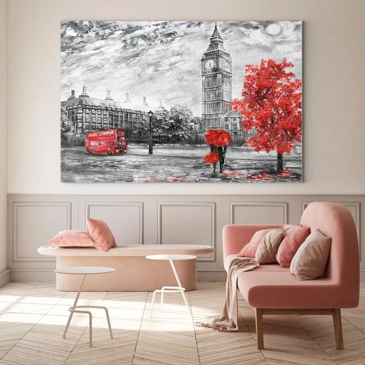 Obraz na skle - Big Ben s červeným autobusem a deštníkem na pozadí podzimních stromů - 70x50cm - Vzrušující den - Moderní nástěnná dekorace do obývacího pokoje a ložnice ARTTOR