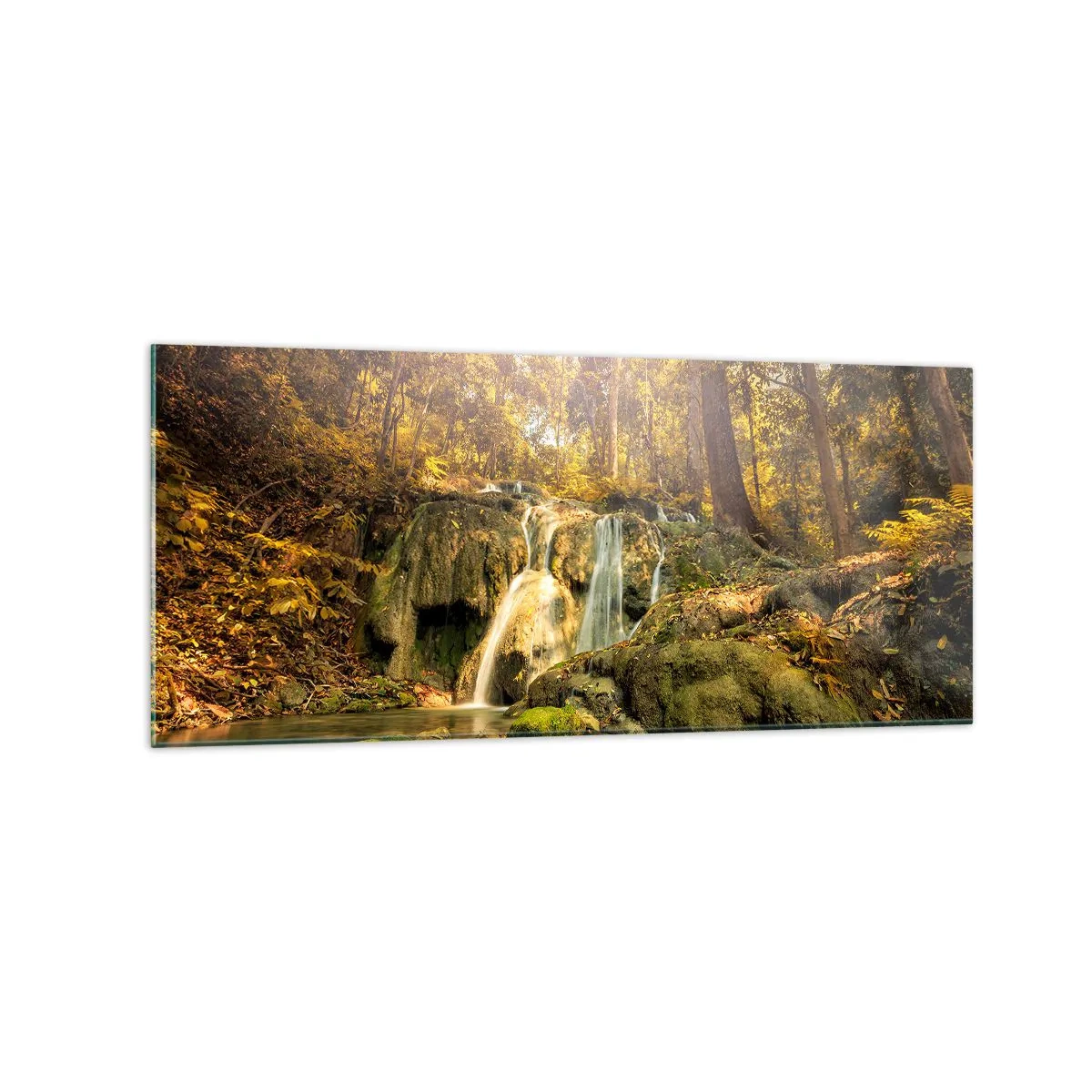 Obraz na skle - Lesní vodopád v zelené - 120x50 cm