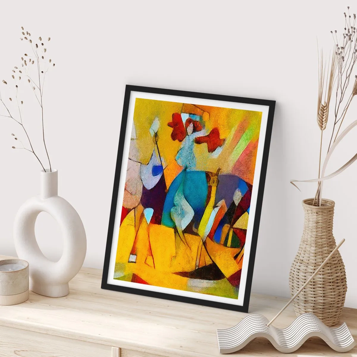 Plakát v černém rámu - Barevné postavy v abstraktním stylu - 50x70cm - Slunce - život - radost - Moderní nástěnná dekorace do obývacího pokoje a ložnice ARTTOR