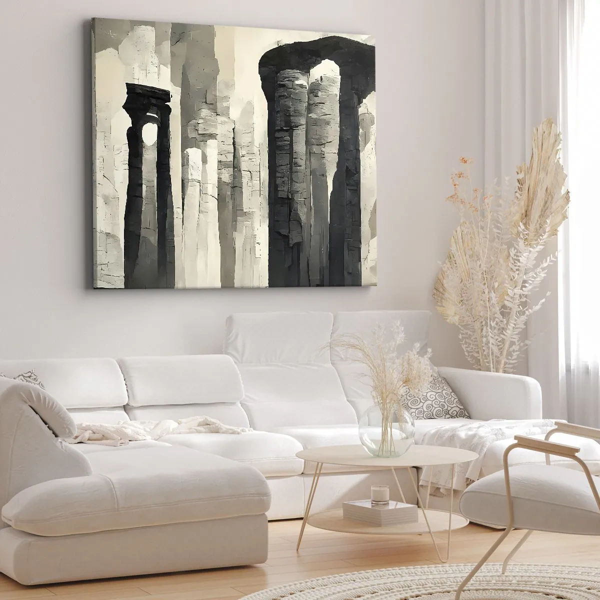 Obraz na plátně - Historické sloupy v atmosférickém monochromatickém prostředí - 70x50cm - Majestátnost starožitnosti - Moderní nástěnná dekorace do obývacího pokoje a ložnice ARTTOR