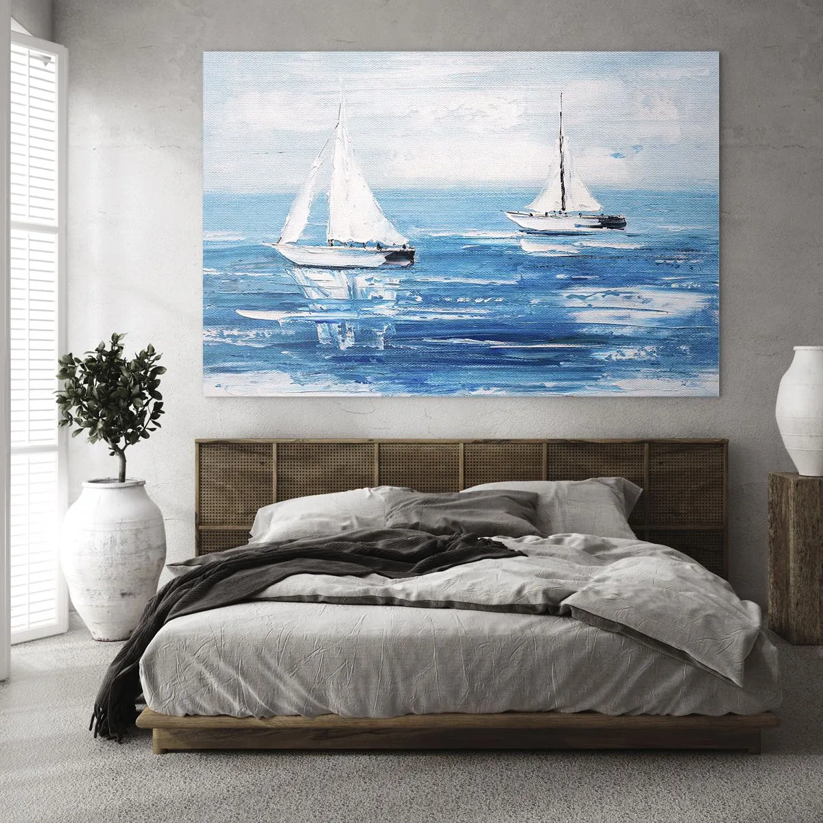 Obraz na skle - Dvě bílé plachetnice na klidném modrém moři - 70x50cm - S přítelem po boku - Moderní nástěnná dekorace do obývacího pokoje a ložnice ARTTOR