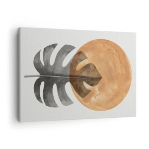 Obraz na plátně - List monstery a zlatý kruh na světlém pozadí - 70x50cm - Vždy slunce - Moderní nástěnná dekorace do obývacího pokoje a ložnice ARTTOR