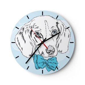 Nástěnné hodiny - Umělecká kresba psa s modrým motýlkem na světlém pozadí - 30x30cm - Psí elegance - Moderní nástěnná dekorace do obývacího pokoje, kuchyně a ložnice ARTTOR