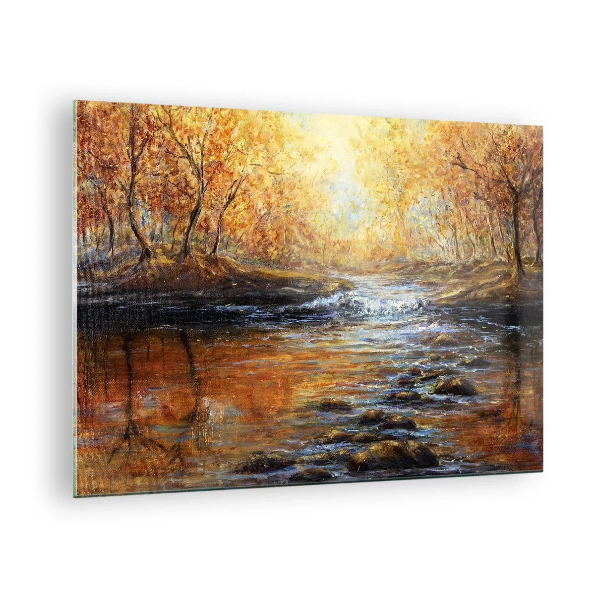 Obraz na skle - Zlatý potok v lese obklopeném podzimními stromy - 70x50cm - Zlatý potok - Moderní nástěnná dekorace do obývacího pokoje a ložnice ARTTOR
