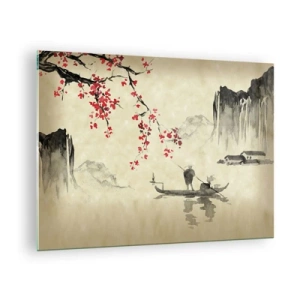 Obraz na skle - Orientální rybářská scéna s větví třešňového květu a horami - 70x50cm - V zemi kvetoucích třešní - Moderní nástěnná dekorace do obývacího pokoje a ložnice ARTTOR