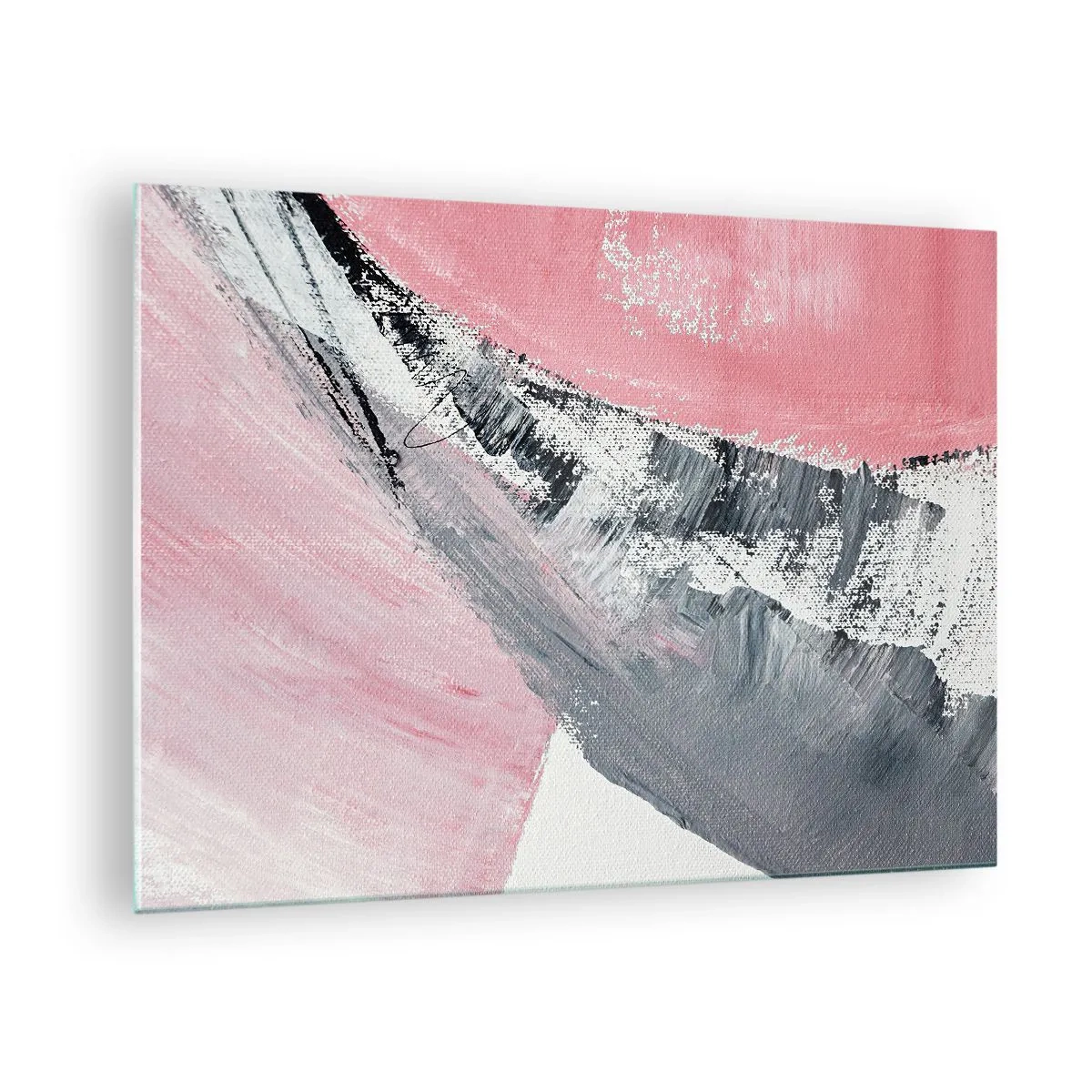 Obraz na skle - Moderní abstrakce v růžové, bílé a šedé barvě s texturou tahů štětcem - 70x50cm - Sladěná kompozice - Moderní nástěnná dekorace do obývacího pokoje a ložnice ARTTOR