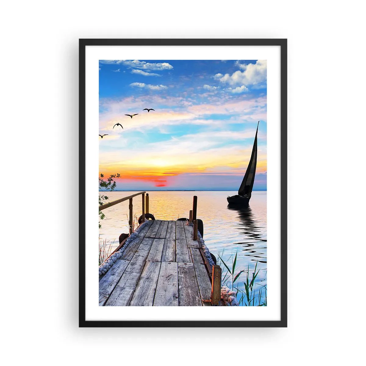 Plakát v černém rámu - Jezerní molo při západu slunce - 50x70cm - Dobrý večer - Moderní nástěnná dekorace do obývacího pokoje a ložnice ARTTOR