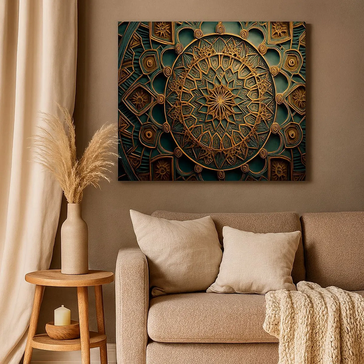 Obraz na plátně - Zlatá mandala na tyrkysovém pozadí s bohatými detaily. - 70x50cm - V arabském stylu - Moderní nástěnná dekorace do obývacího pokoje a ložnice ARTTOR