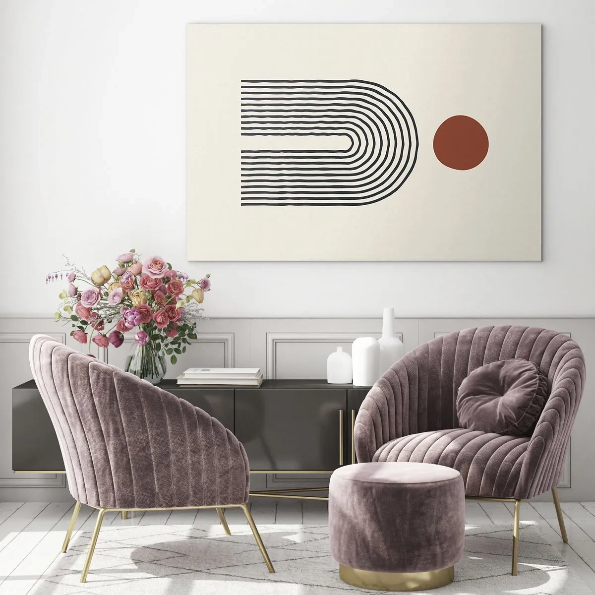 Obraz na skle - Grafická abstrakce s čarami a kruhy v retro stylu - 70x50cm - Magnetismus tvarů a barev - Moderní nástěnná dekorace do obývacího pokoje a ložnice ARTTOR