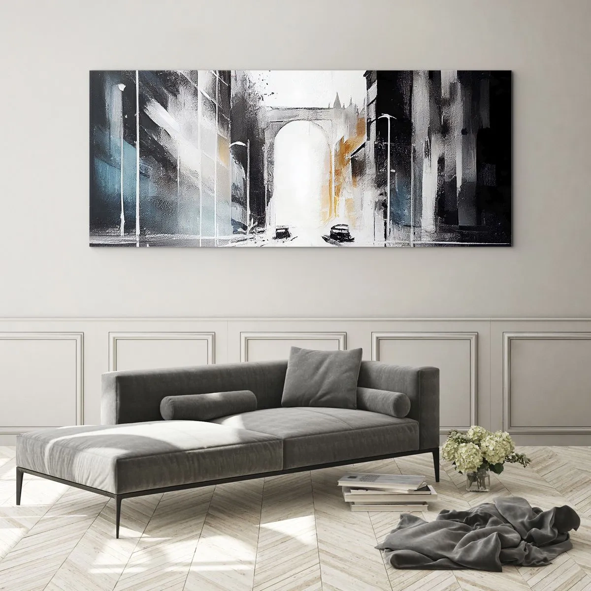 Obraz na skle - Studie města: architektura a pohyb - 100x40 cm