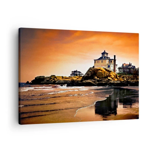 Obraz na plátně - Dům na skále u pláže při západu slunce s odrazem ve vodě - 70x50cm - Elegance západního pobřeží - Moderní nástěnná dekorace do obývacího pokoje a ložnice ARTTOR