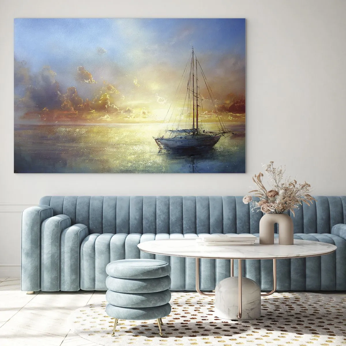 Obraz na skle - Plachetnice na klidném moři při zlatavém západu slunce - 70x50cm - Ve zlatém zálivu - Moderní nástěnná dekorace do obývacího pokoje a ložnice ARTTOR