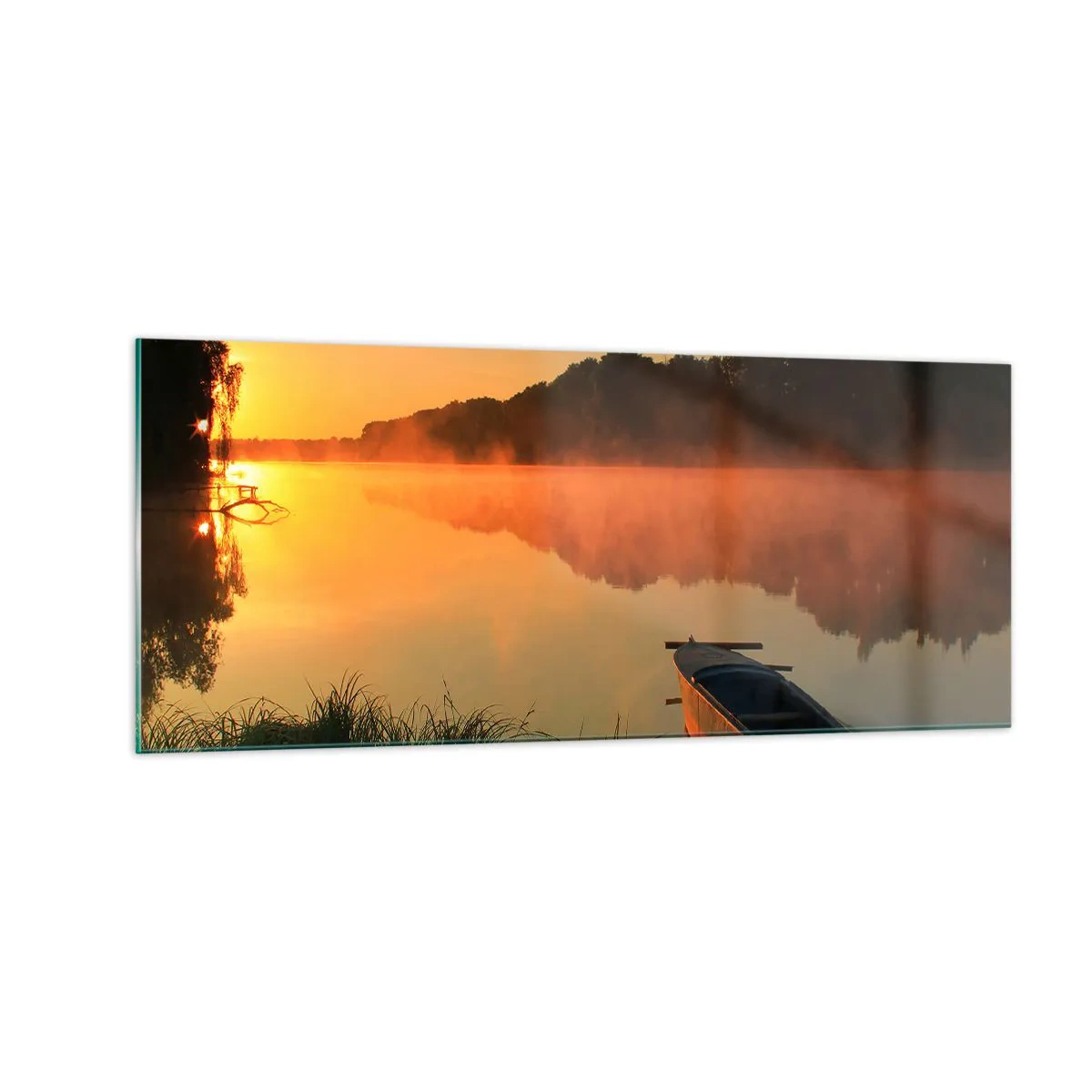 Obraz na skle - Východ slunce u vody jako povrch zrcadla - 100x40 cm