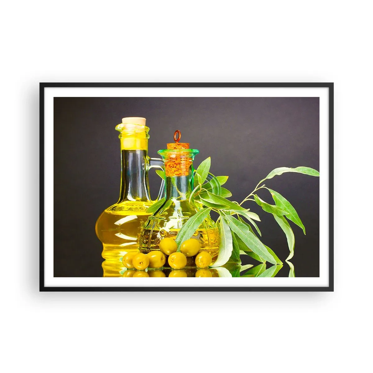 Plakát v černém rámu - Zátiší s olivami a olejem - 100x70 cm
