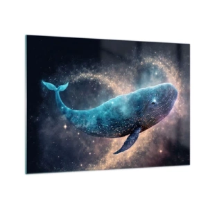 Obraz na skle - Modrá velryba plující v galaxii - 70x50cm - Je takový svět… - Moderní nástěnná dekorace do obývacího pokoje a ložnice ARTTOR