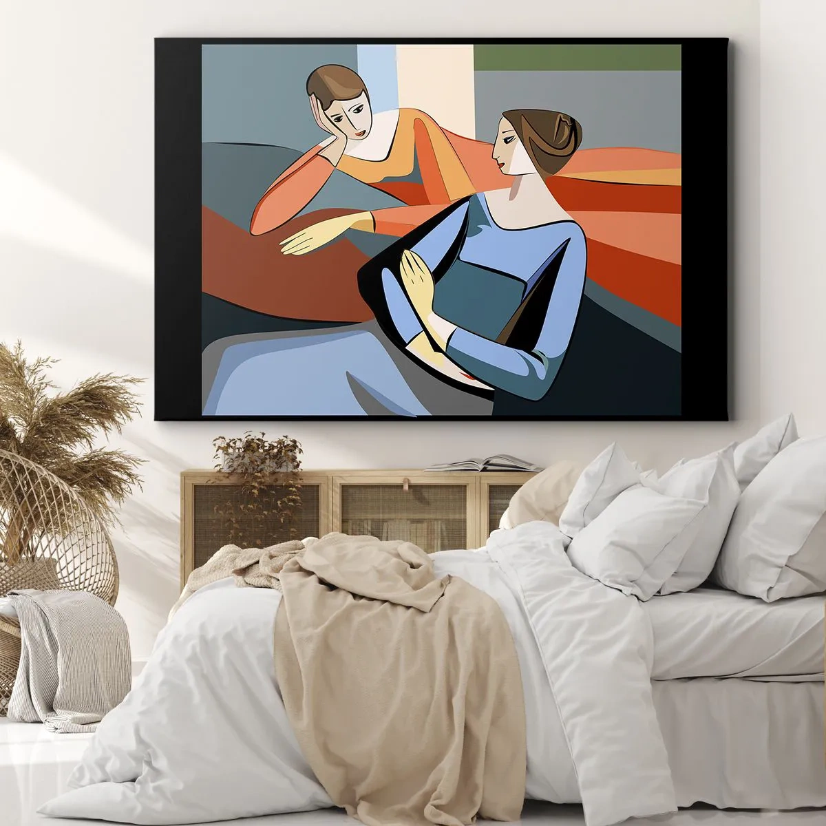 Obraz na plátně - Abstraktní ilustrace dvou žen v kubistickém stylu - 70x50cm - Chvíle svěření - Moderní nástěnná dekorace do obývacího pokoje a ložnice ARTTOR