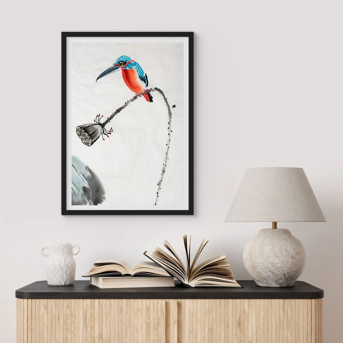 Plakát v černém rámu - Barevný ledňáček na větvi ve stylu akvarelu - 50x70cm - Život louky - Moderní nástěnná dekorace do obývacího pokoje a ložnice ARTTOR