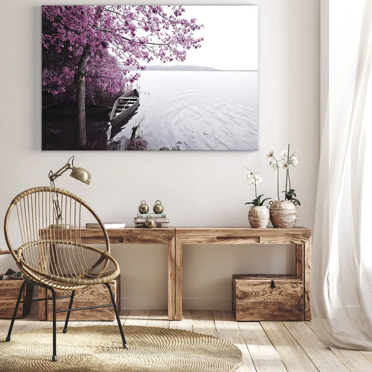 Obraz na plátně - Loď na břehu jezera mezi růžovými stromy - 70x50cm - V růžovém tichu - Moderní nástěnná dekorace do obývacího pokoje a ložnice ARTTOR