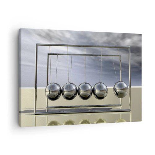 Obraz na plátně - Newtonovy koule v minimalistickém prostředí se světelnými odrazy - 70x50cm - Energie světa - Moderní nástěnná dekorace do obývacího pokoje a ložnice ARTTOR