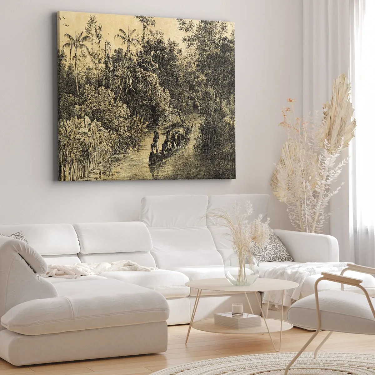 Obraz na plátně - Kresba džungle s lodí na řece - 70x50cm - Výlet ke zdroji - Moderní nástěnná dekorace do obývacího pokoje a ložnice ARTTOR