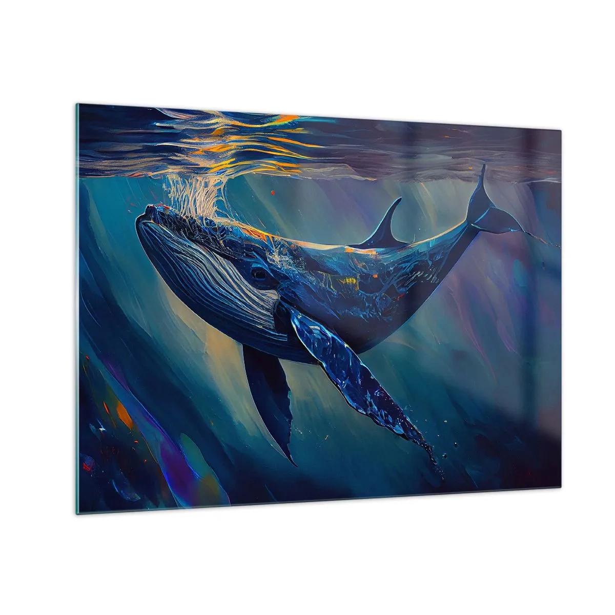 Obraz na skle - Velryba plovoucí pod vodou na slunci - 70x50cm - Vítej v mém světě - Moderní nástěnná dekorace do obývacího pokoje a ložnice ARTTOR
