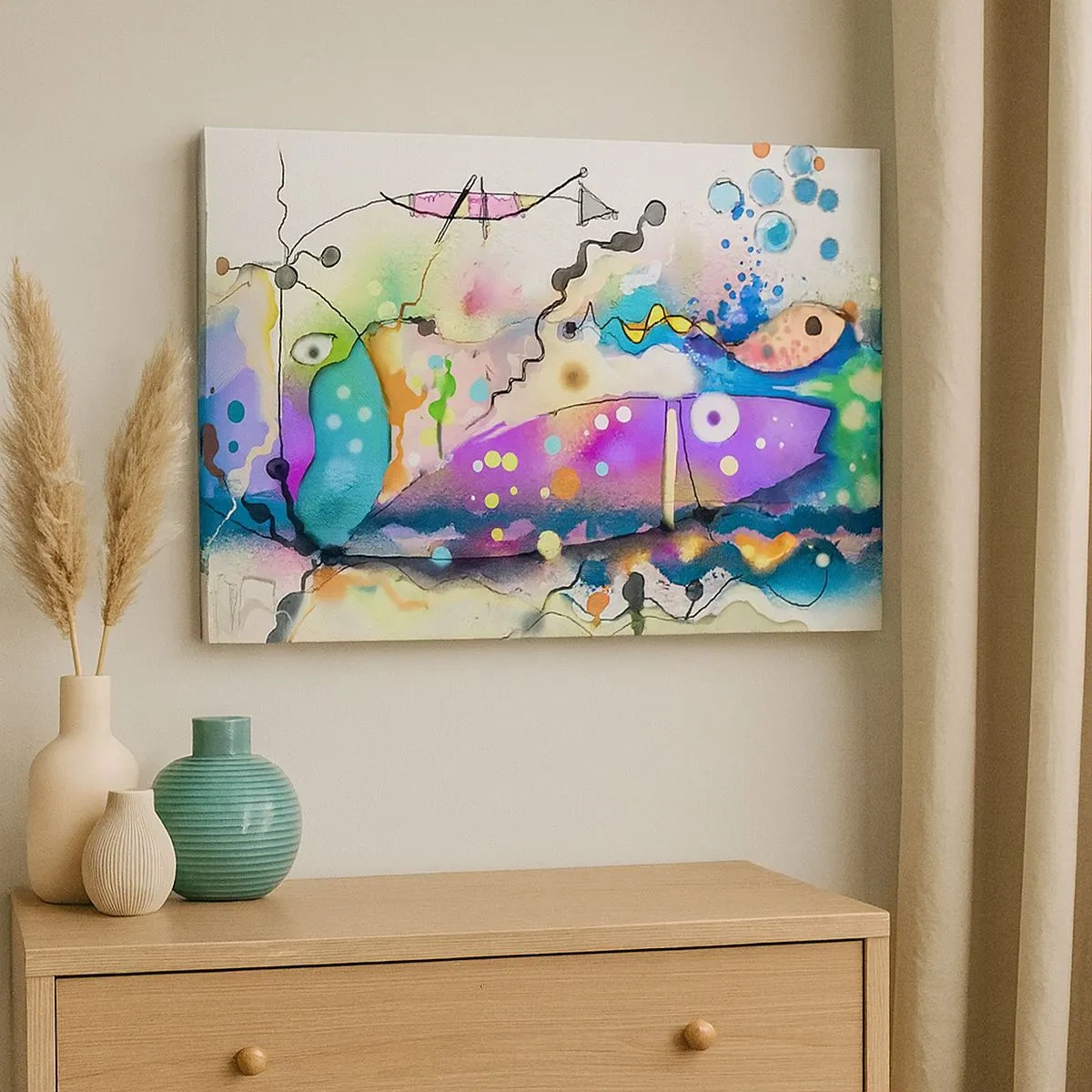 Obraz na plátně - Abstraktní ryby v barevné, surrealistické kompozici - 70x50cm - Chybí slova! - Moderní nástěnná dekorace do obývacího pokoje a ložnice ARTTOR