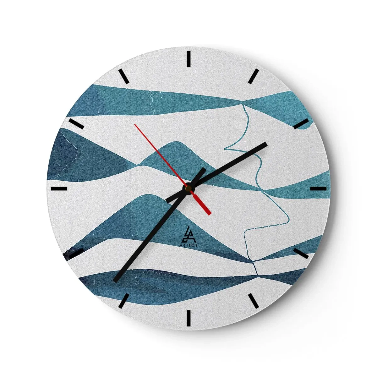 Nástěnné hodiny - Abstraktní vlny a čáry na bílém pozadí v odstínech tyrkysové - 30x30cm - Abstrakce: tyrkysový vztah - Moderní nástěnná dekorace do obývacího pokoje, kuchyně a ložnice ARTTOR