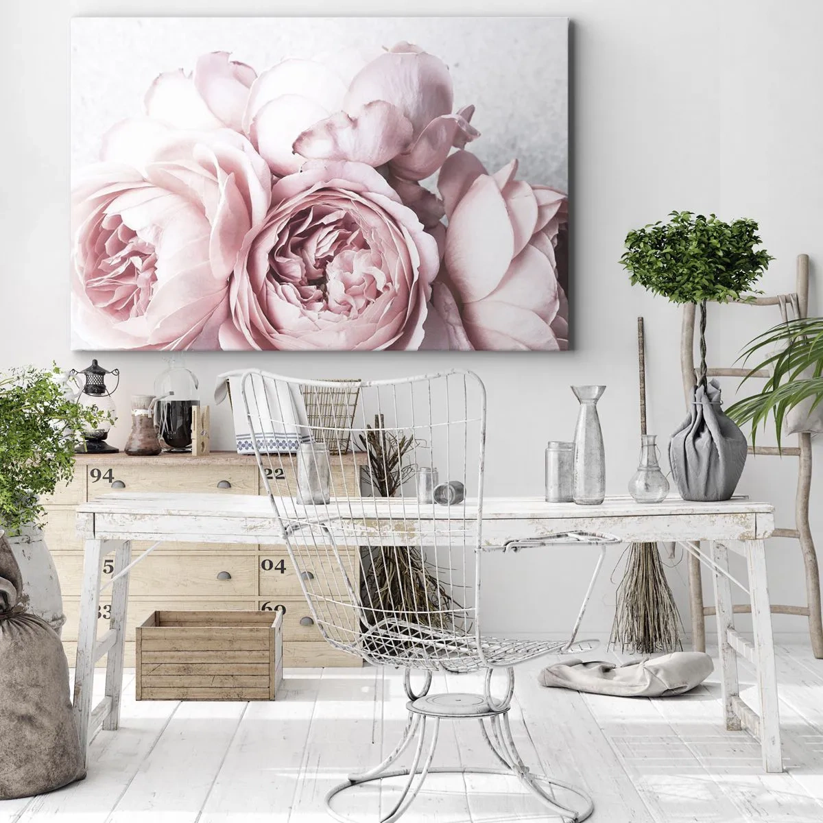 Obraz na plátně - Růžové pivoňky v měkkém světle na světlém pozadí - 70x50cm - Pro romantiky - Moderní nástěnná dekorace do obývacího pokoje a ložnice ARTTOR