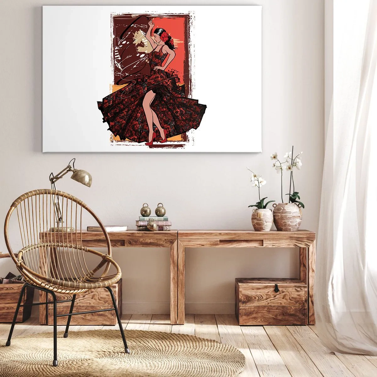 Obraz na plátně - Tanečnice v červenočerných šatech na uměleckém pozadí - 70x50cm - V rytmu srdce - Moderní nástěnná dekorace do obývacího pokoje a ložnice ARTTOR