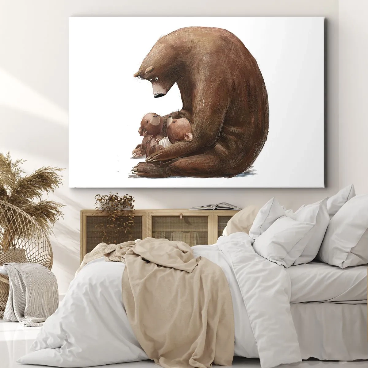 Obraz na plátně - Medvědice se dvěma malými medvídky v náručí - 70x50cm - Sladké sny, děti - Moderní nástěnná dekorace do obývacího pokoje a ložnice ARTTOR
