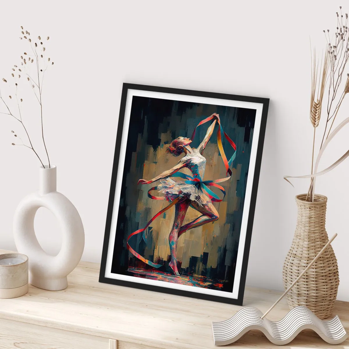 Plakát v černém rámu - Tanečnice v dynamické póze s barevnými stuhami. - 50x70cm - Tanec se stuhou - Moderní nástěnná dekorace do obývacího pokoje a ložnice ARTTOR