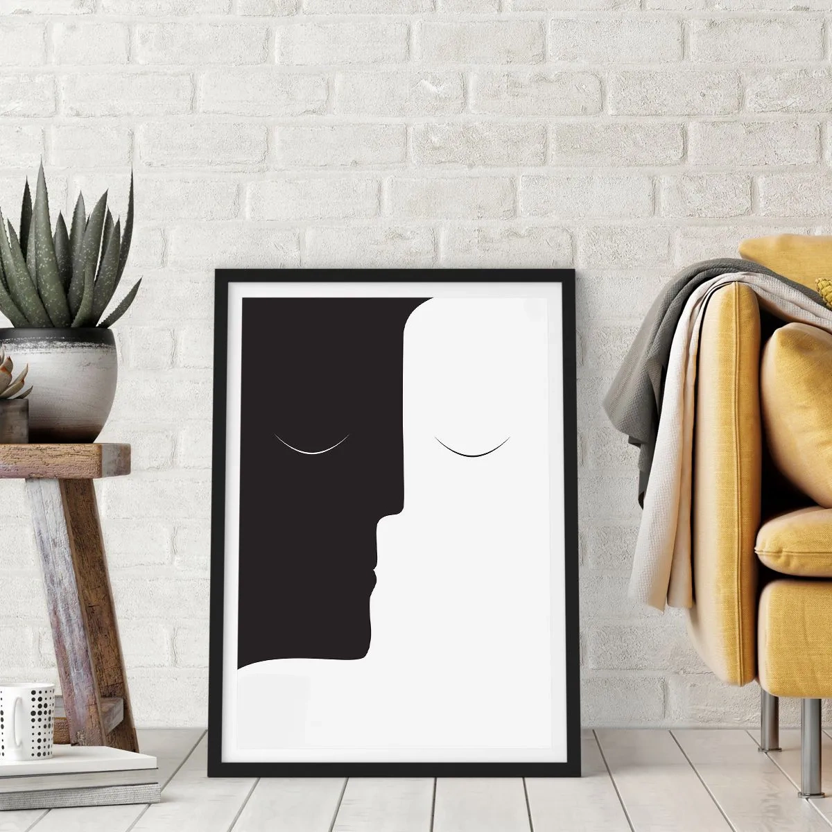 Plakát v černém rámu - Minimalistická grafika dvou tváří v černé a bílé barvě vytvářející jednotu. - 50x70cm - Jednota protikladů - Moderní nástěnná dekorace do obývacího pokoje a ložnice ARTTOR