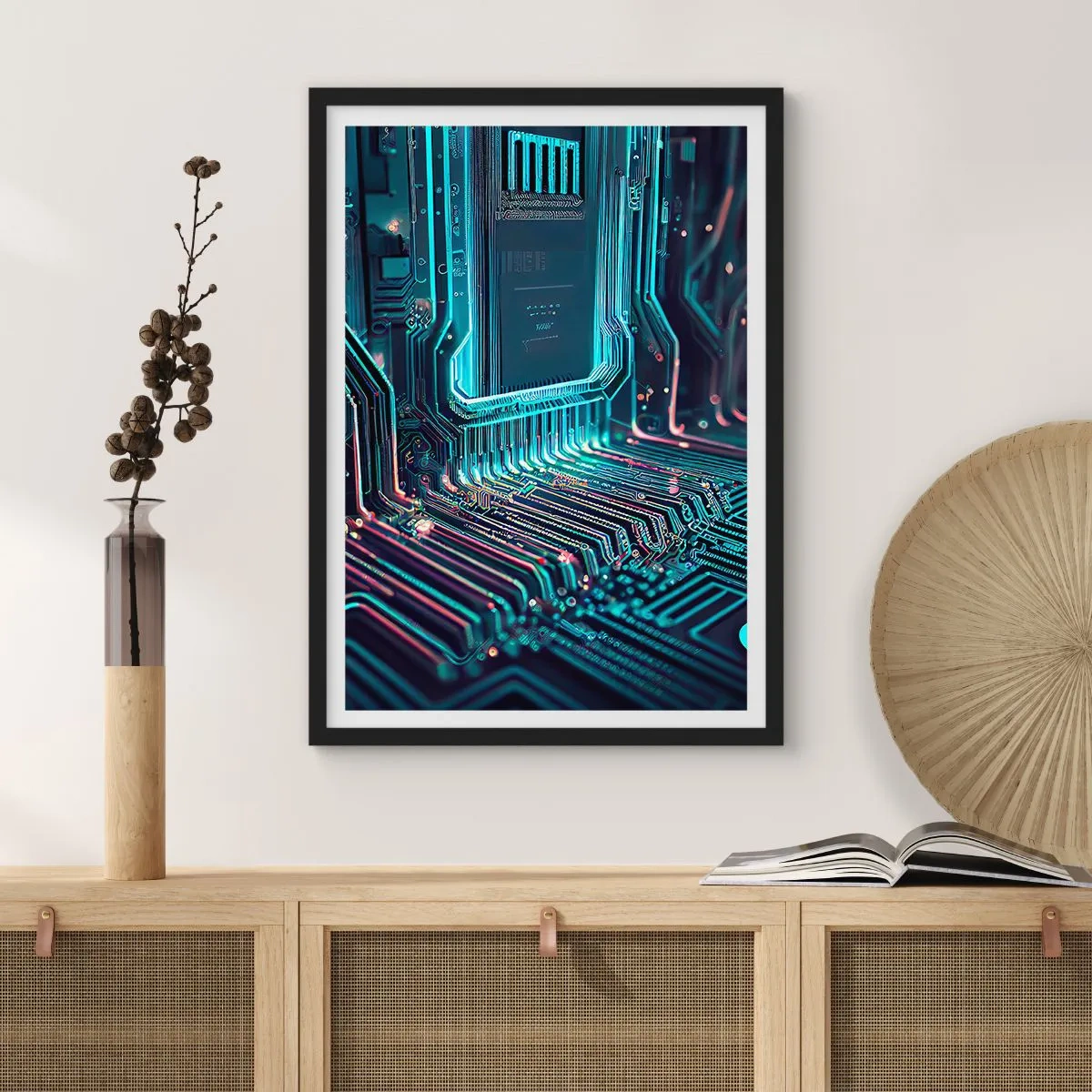Plakát v černém rámu - Futuristická vize integrovaného obvodu - 50x70cm - Jen tak přemýšlím… - Moderní nástěnná dekorace do obývacího pokoje a ložnice ARTTOR