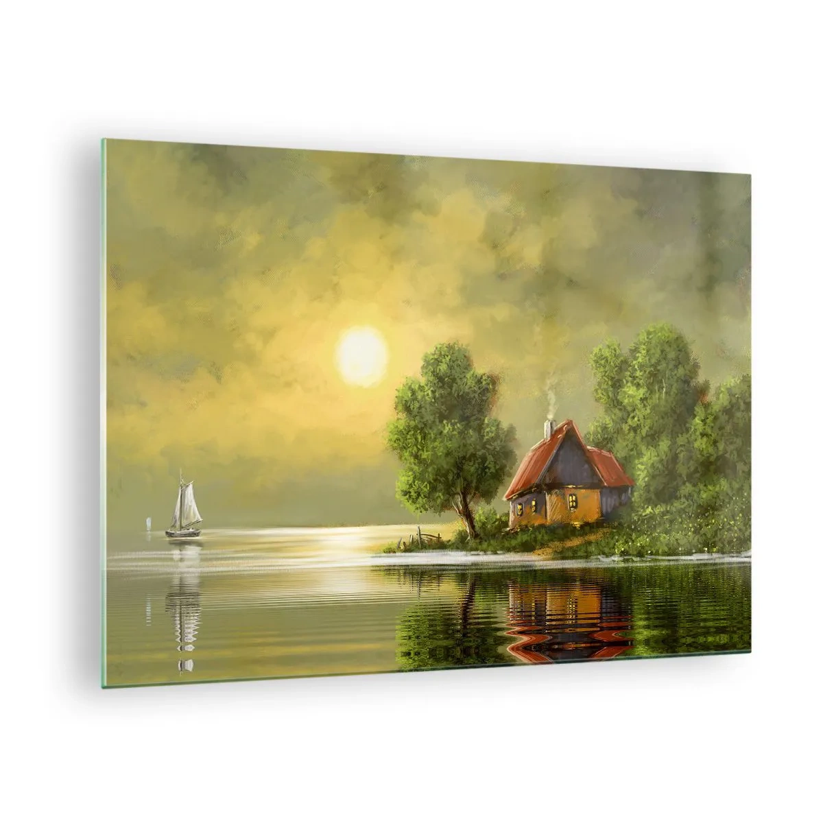 Obraz na skle - Malebná krajina s chatou u jezera při západu slunce - 70x50cm - Krásně, jako z obrázku - Moderní nástěnná dekorace do obývacího pokoje a ložnice ARTTOR