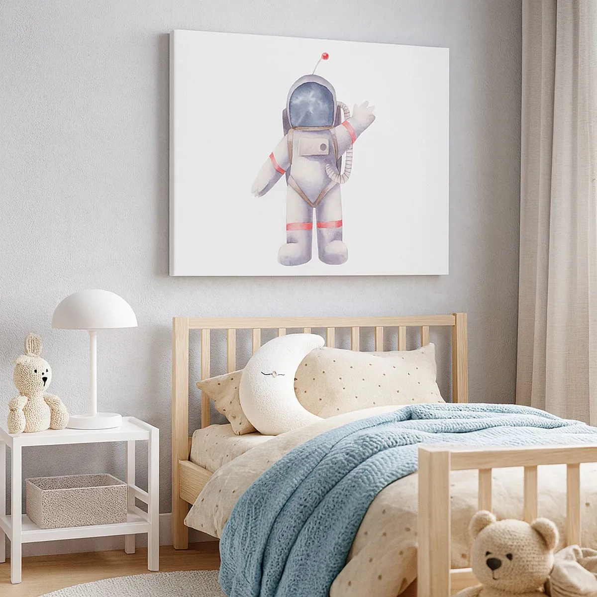Obraz na plátně - Astronaut ve stylu akvarelu na bílém pozadí - 70x50cm - Tak zatím! - Moderní nástěnná dekorace do obývacího pokoje a ložnice ARTTOR