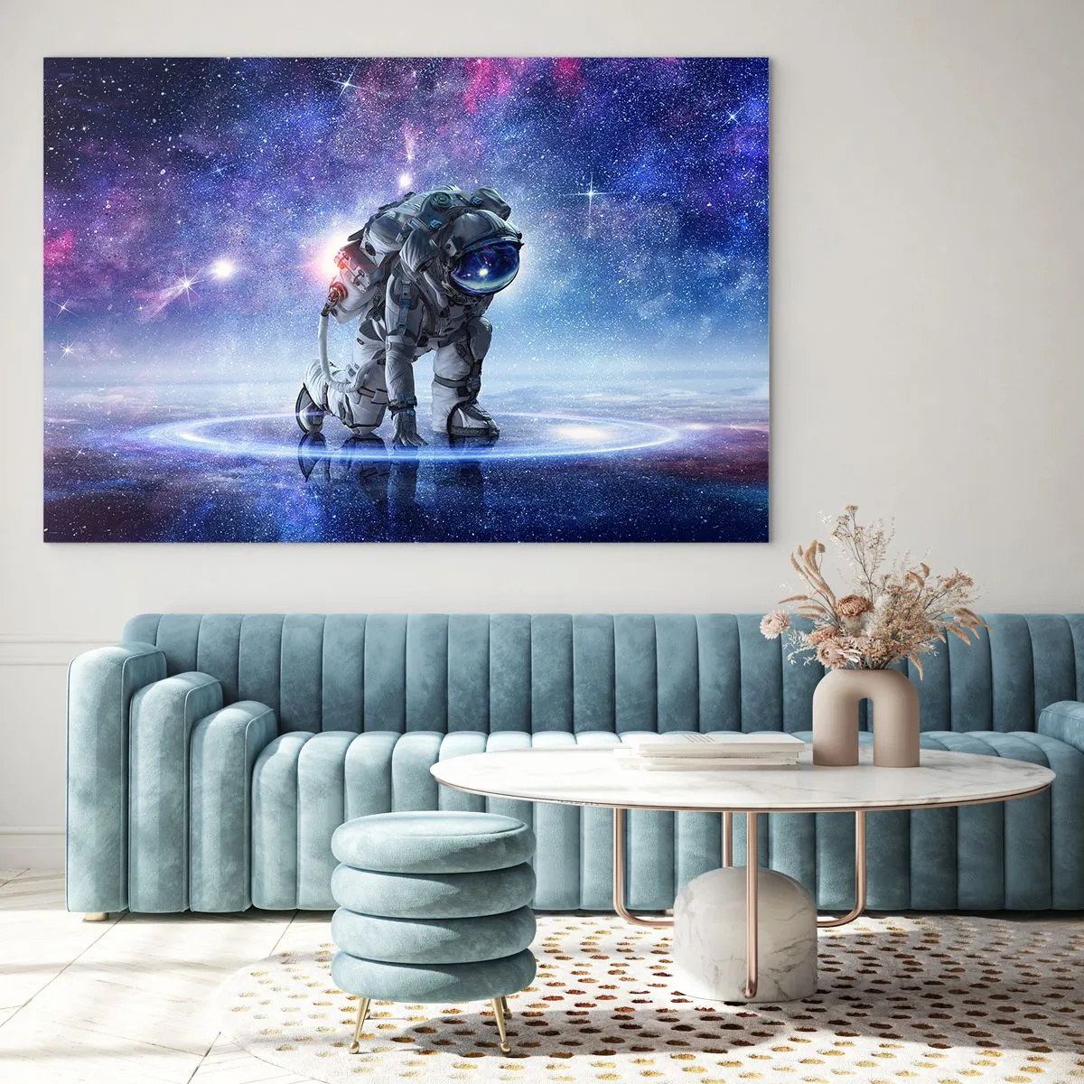 Obraz na skle - Astronaut ve vesmíru proti hvězdné obloze - 70x50cm - Hvězdné nebe nade mnou - Moderní nástěnná dekorace do obývacího pokoje a ložnice ARTTOR