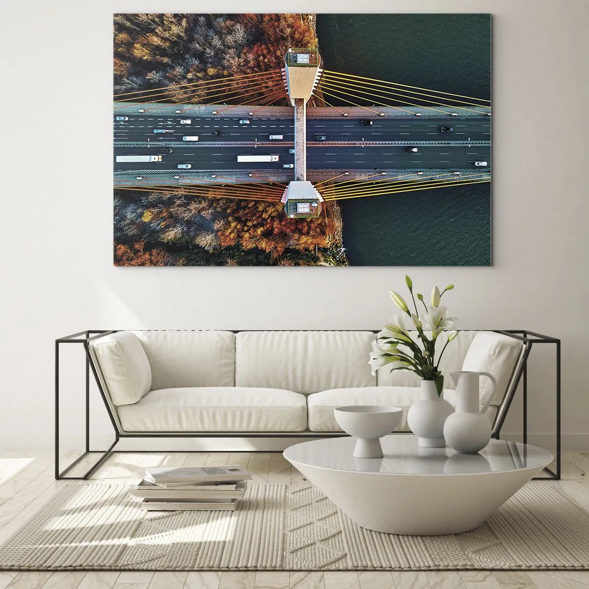Obraz na skle - Letecký pohled na most se symetrickým uspořádáním lan a aut - 70x50cm - Za vodami, za lesy - Moderní nástěnná dekorace do obývacího pokoje a ložnice ARTTOR