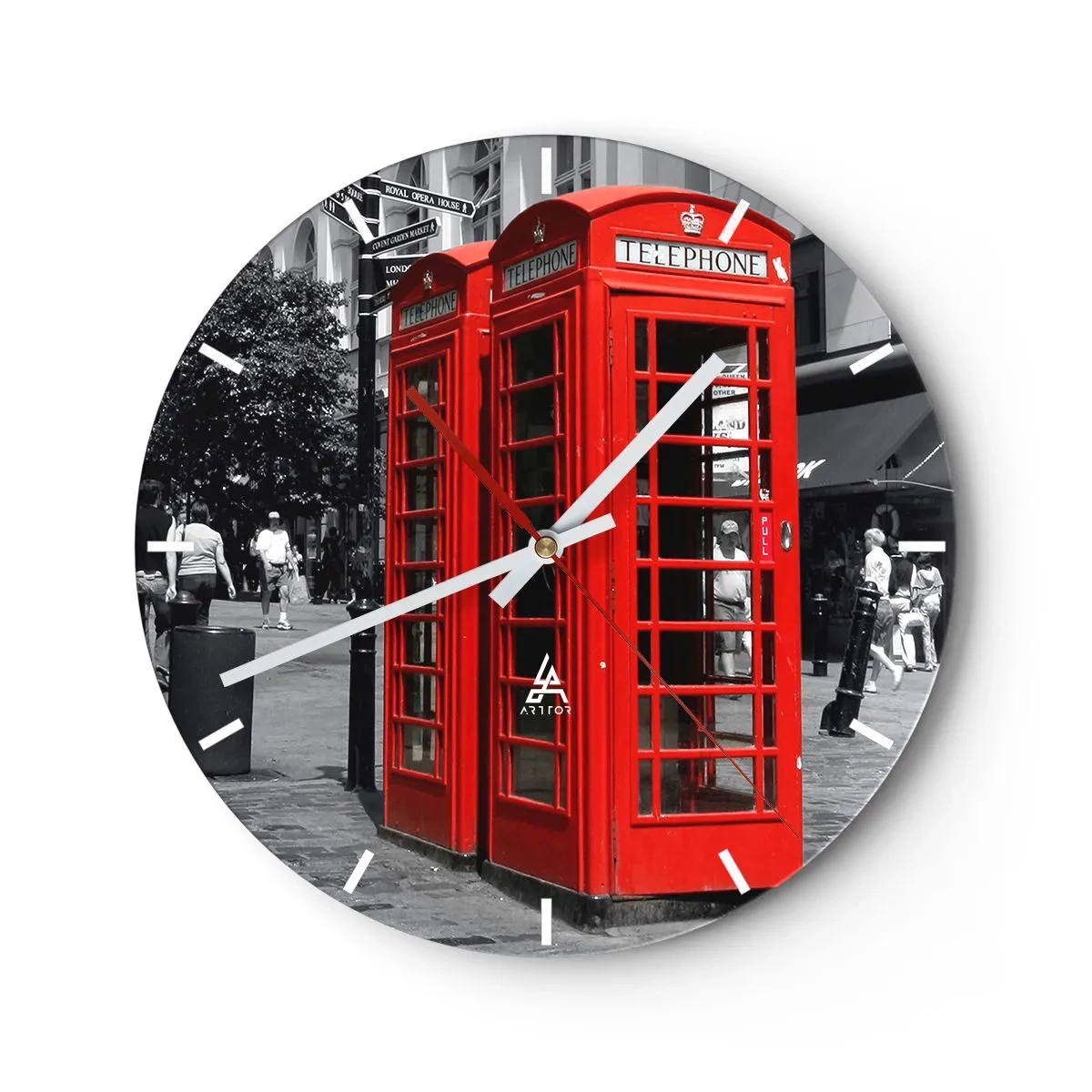 Nástěnné hodiny - Červené telefonní budky na pozadí města - 30x30cm - Červené telefonní budky - Moderní nástěnná dekorace do obývacího pokoje, kuchyně a ložnice ARTTOR