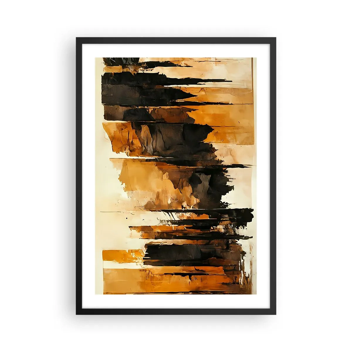 Plakát v černém rámu - Abstraktní kompozice v teplých hnědých a černých odstínech. - 50x70cm - Harmonie černé a zlaté - Moderní nástěnná dekorace do obývacího pokoje a ložnice ARTTOR